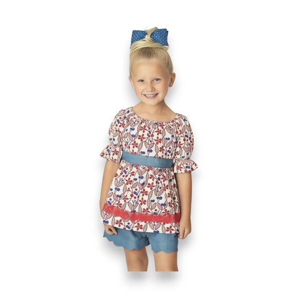 Matilda Jane Crimson Cutie Hello Lovely Peasant Top Red White Blue Lace Trim 2T - Picture 1 of 4